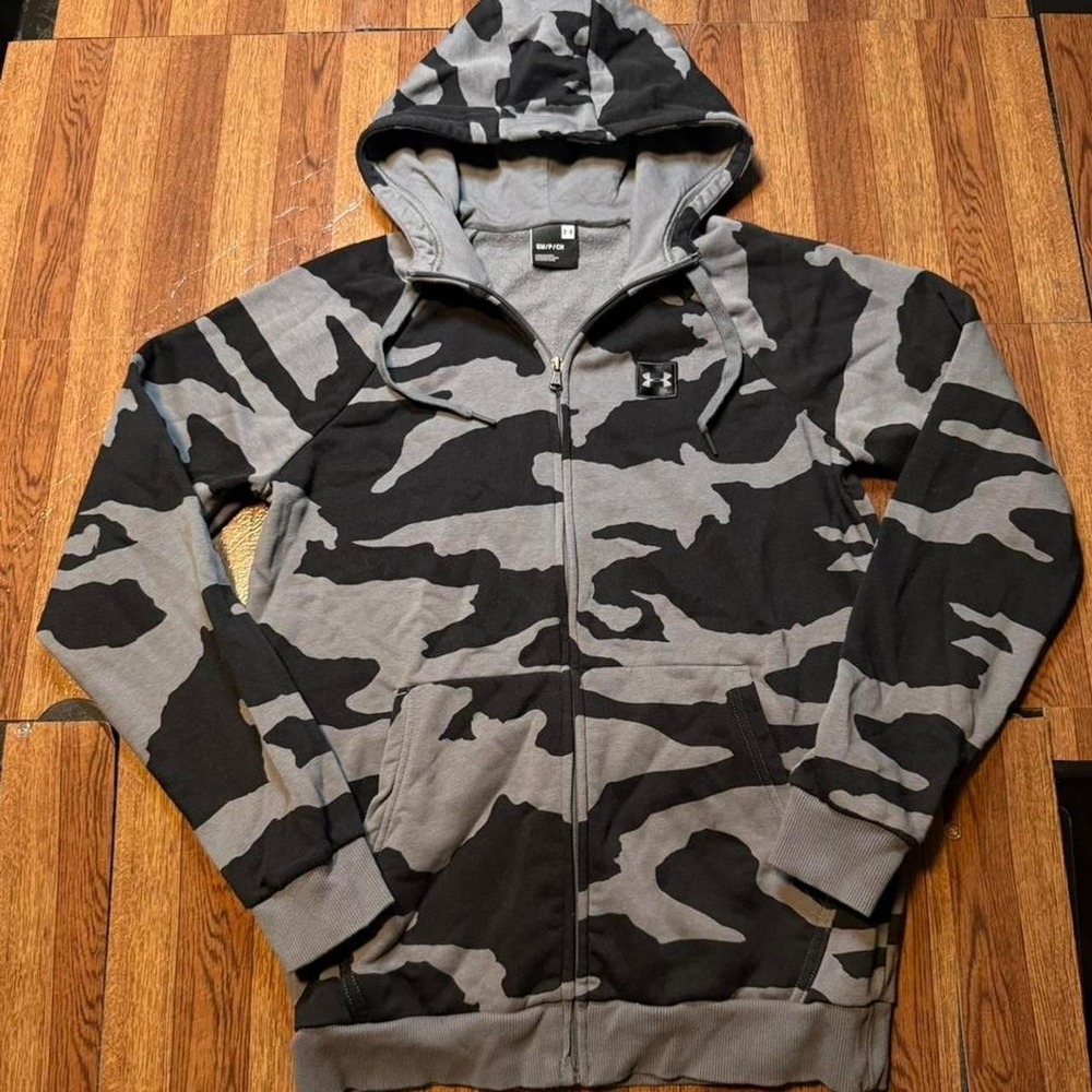 Under‎ Armour Black Grey Camo Retro Sportswear Zip Hoodie Small